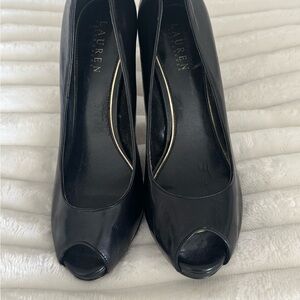Ralph Lauren KAIA Leather Classic Open-toe Pump 4" Heels Women's Size 8.5M Black